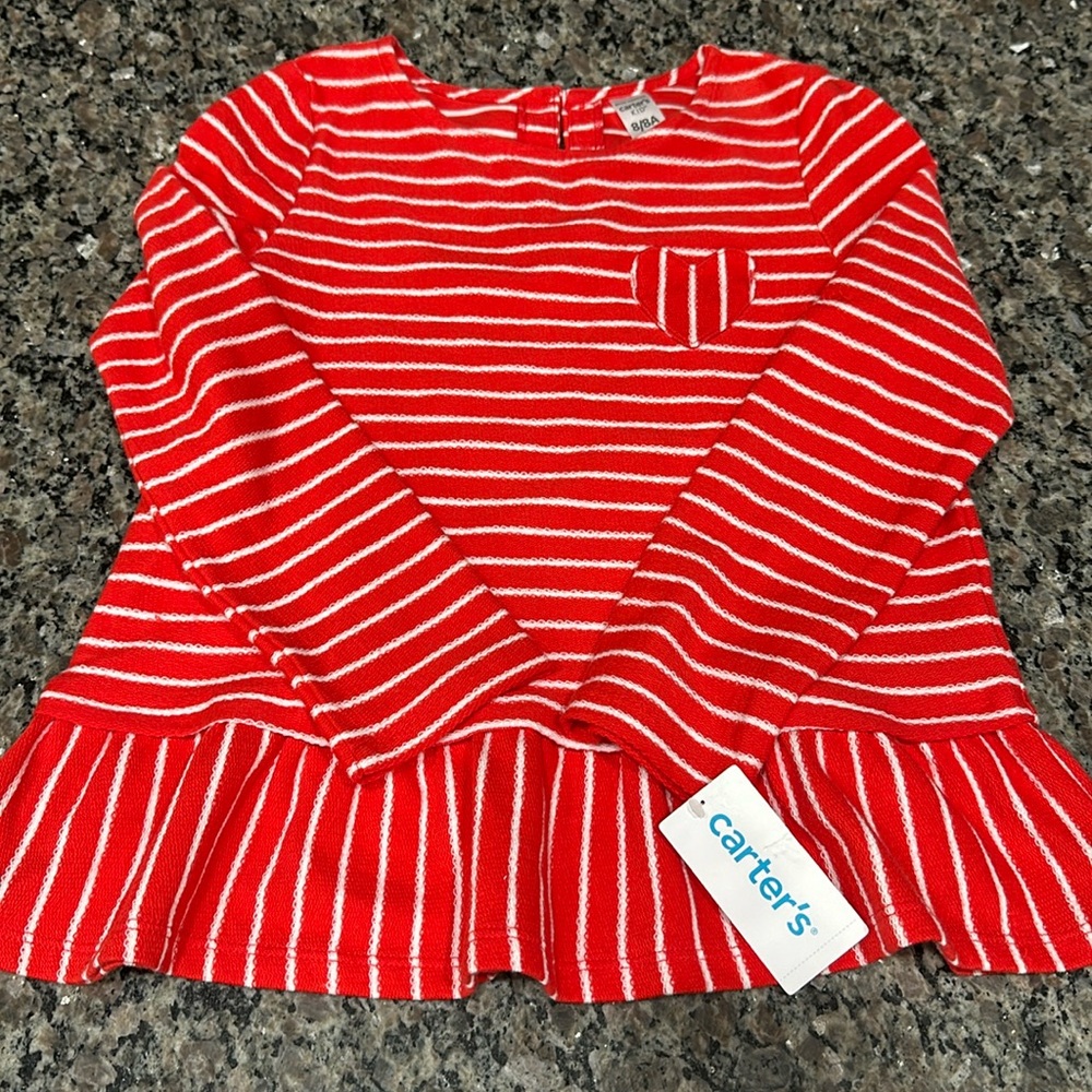 NWT Carters Girl long sleeve striped shirt with heart pocket. Size 8